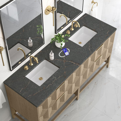 James Martin Vanities Emmeline 72" Pebble Oak Double Vanity With 3 cm Parisien Bleu Top and FreePower Wireless Charger