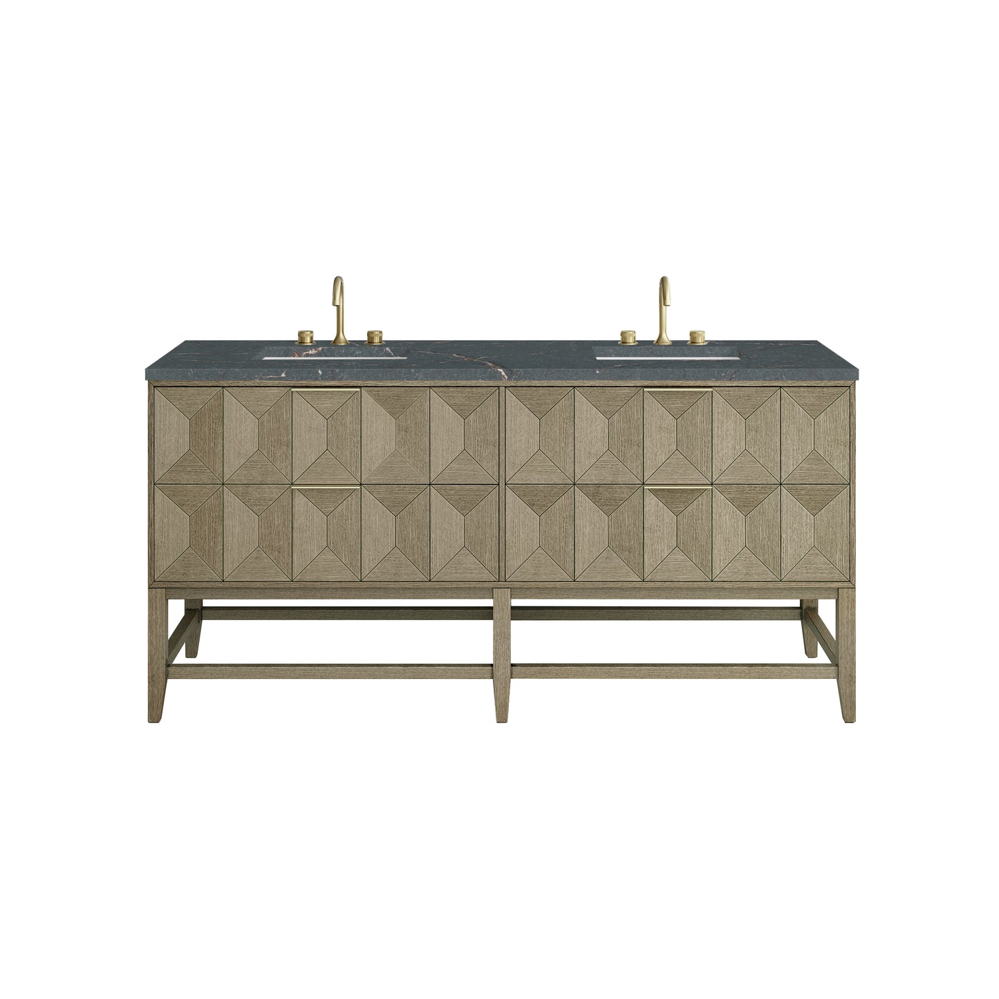James Martin Vanities Emmeline 72" Pebble Oak Double Vanity With 3 cm Parisien Bleu Top and FreePower Wireless Charger