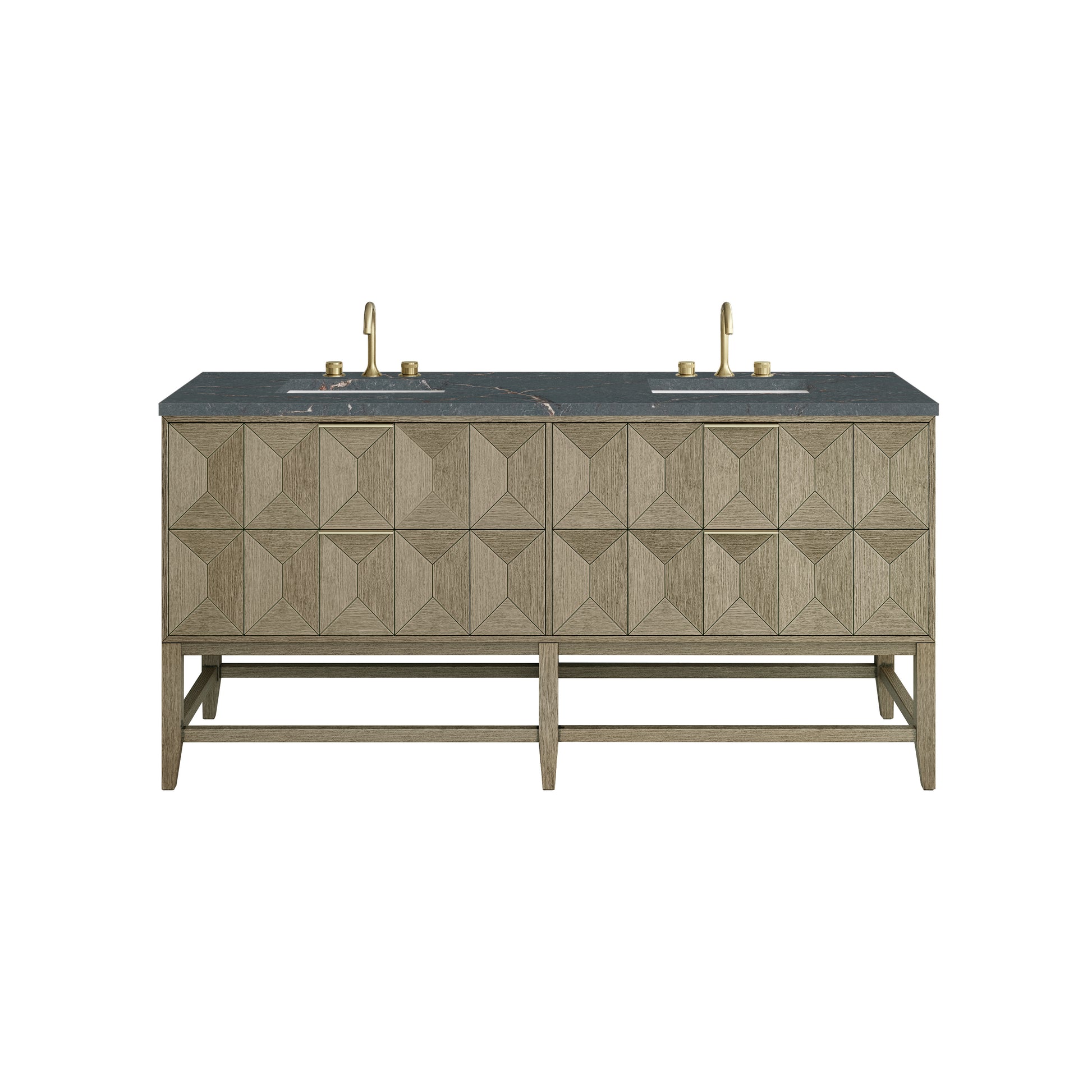 James Martin Vanities Emmeline 72" Pebble Oak Double Vanity With 3 cm Parisien Bleu Top and FreePower Wireless Charger