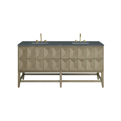 James Martin Vanities Emmeline 72" Pebble Oak Double Vanity With 3 cm Parisien Bleu Top and FreePower Wireless Charger