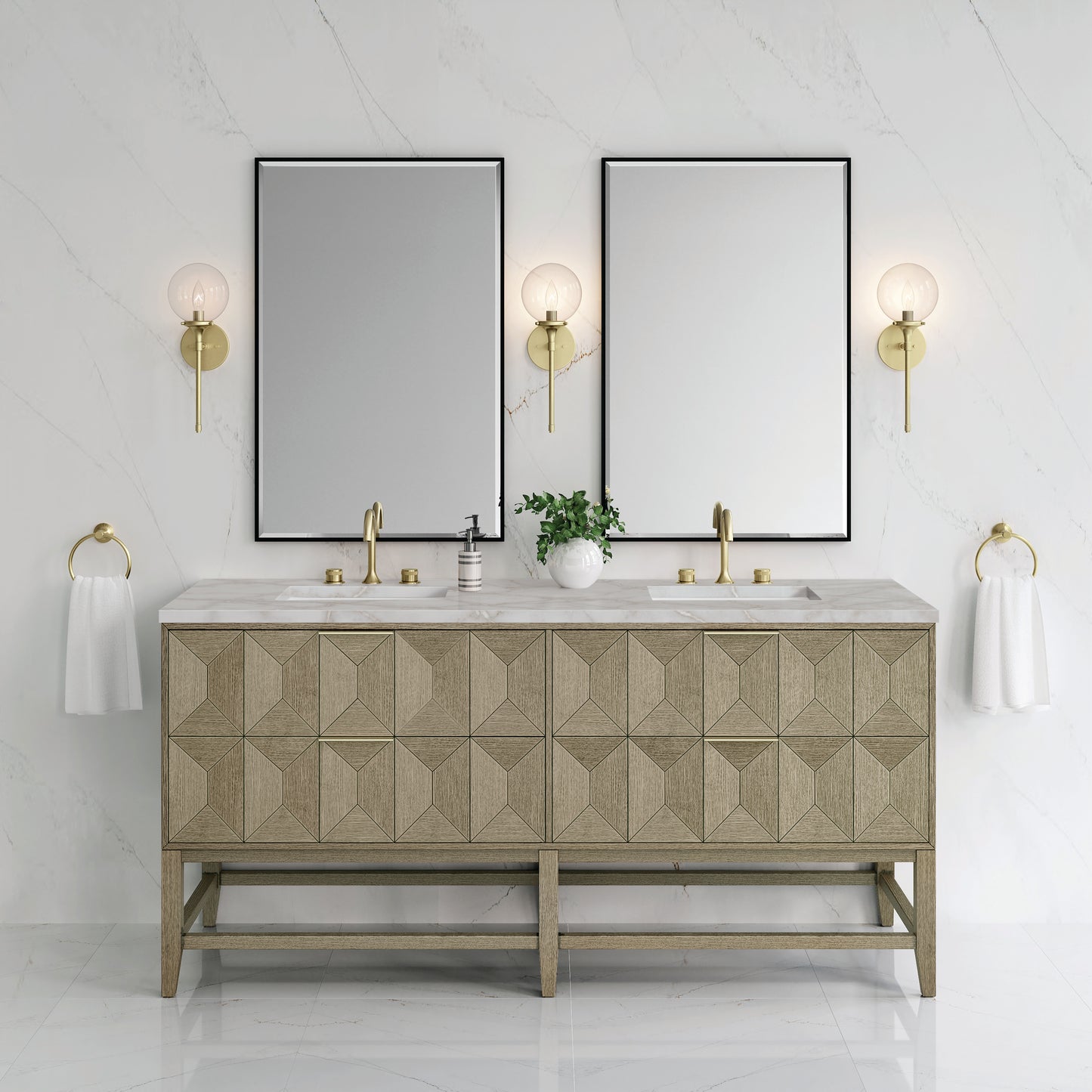 James Martin Vanities Emmeline 72" Pebble Oak Double Vanity With 3 cm Victorian Silver Top and FreePower Wireless Charger