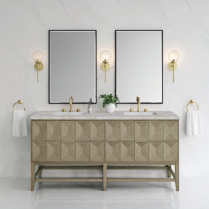 James Martin Vanities Emmeline 72" Pebble Oak Double Vanity With 3 cm Victorian Silver Top and FreePower Wireless Charger