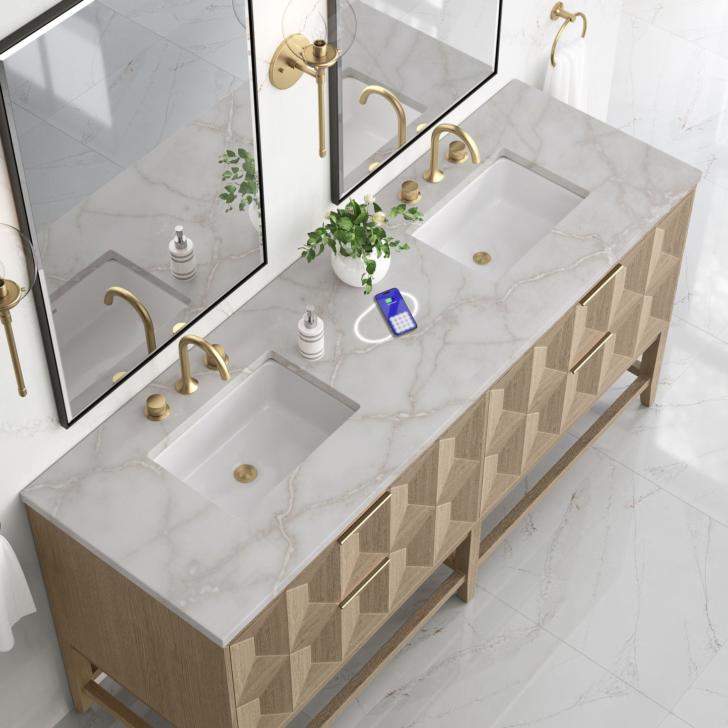 James Martin Vanities Emmeline 72" Pebble Oak Double Vanity With 3 cm Victorian Silver Top and FreePower Wireless Charger