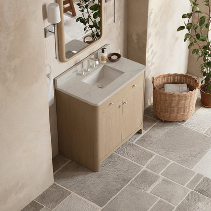 James Martin Vanities Gracyn 36" Coastal Driftwood Single Vanity With 3cm Victorian Silver Quartz Widespread Top