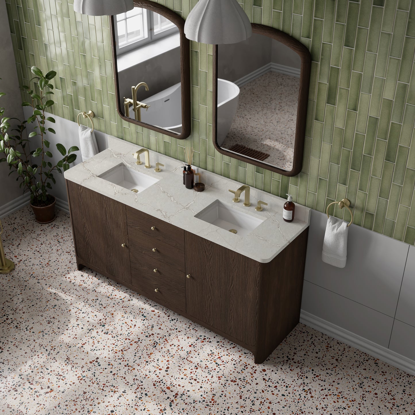 James Martin Vanities Gracyn 72" Sable Double Vanity With 3cm Victorian Silver Quartz Widespread Top