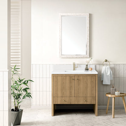 James Martin Vanities Hudson 36" Light Natural Oak Single Vanity With Single Hole 3 cm White Zeus Top & Backsplash