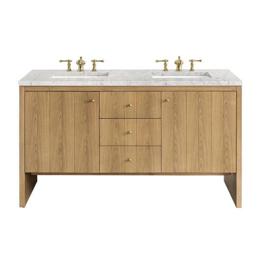 James Martin Vanities Hudson 60" Light Natural Oak Double Vanity With 3 cm Eternal Jasmine Pearl Top and FreePower Wireless Charger