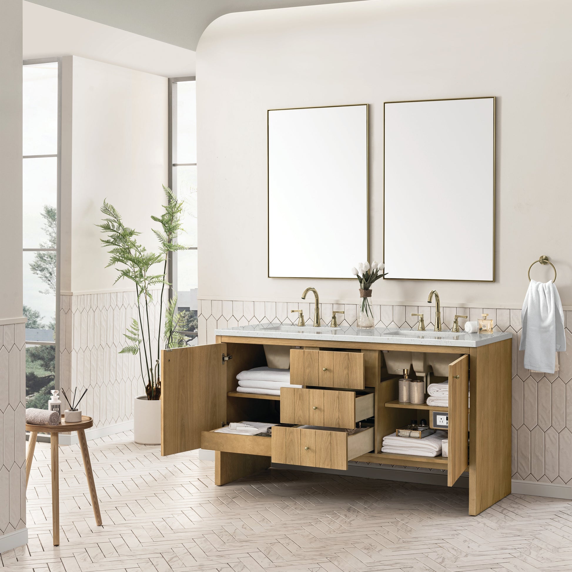 James Martin Vanities Hudson 60" Light Natural Oak Double Vanity With 3 cm Lime Delight Top