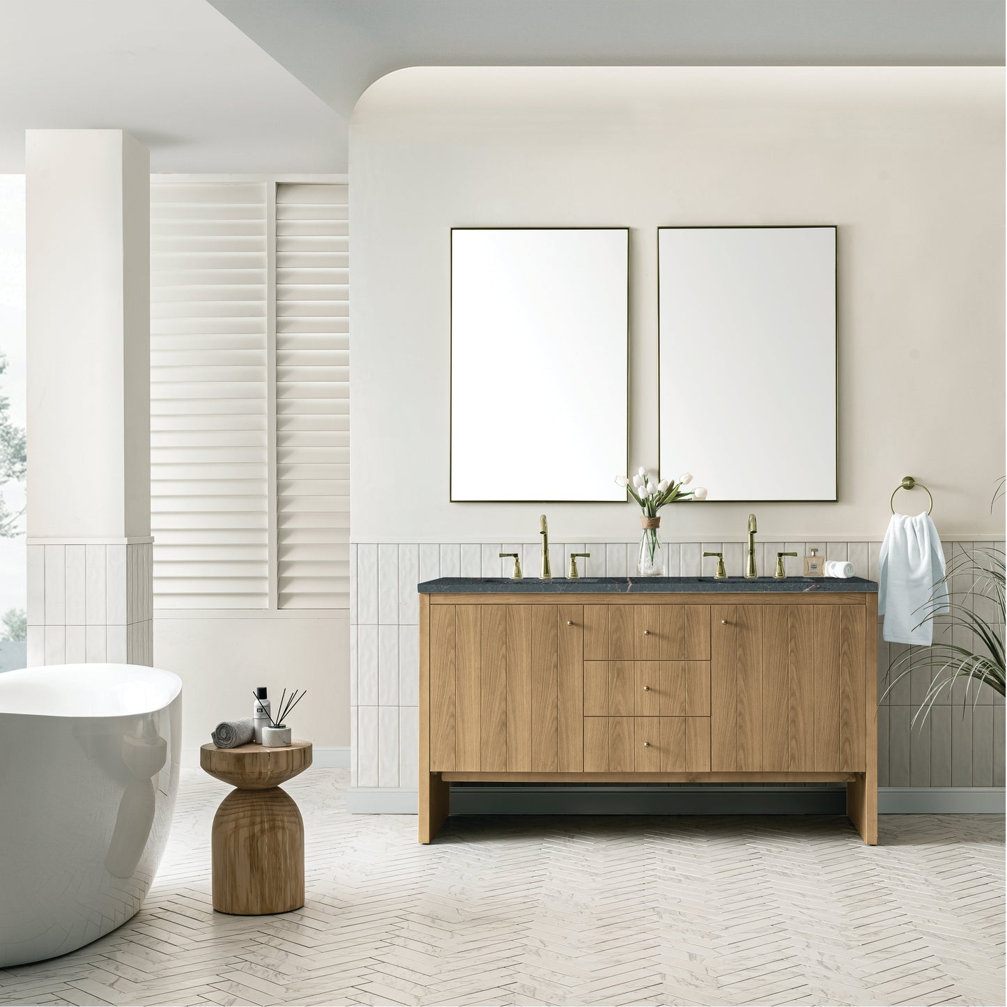 James Martin Vanities Hudson 60" Light Natural Oak Double Vanity With 3 cm Parisien Bleu Top