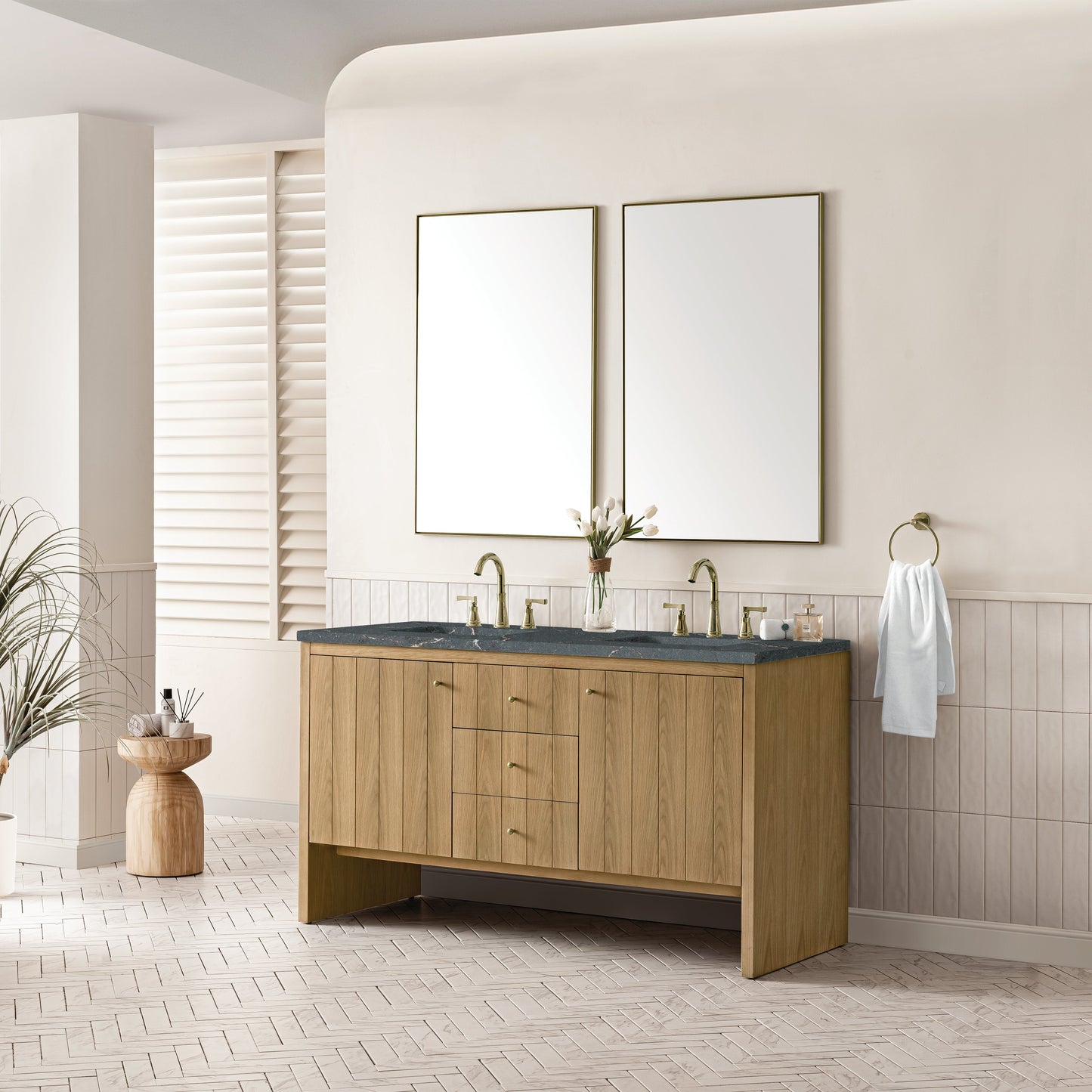 James Martin Vanities Hudson 60" Light Natural Oak Double Vanity With 3 cm Parisien Bleu Top