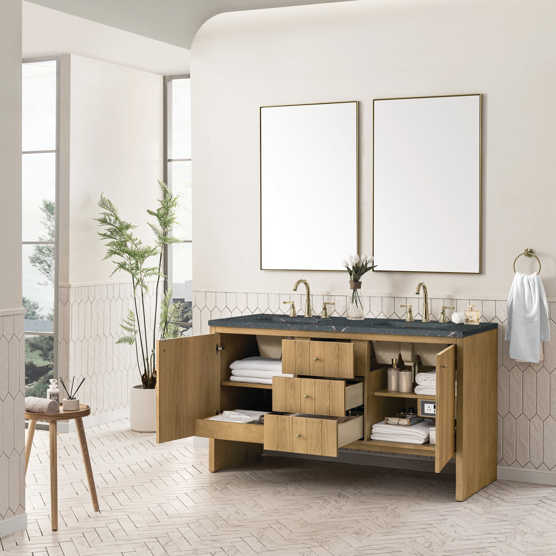 James Martin Vanities Hudson 60" Light Natural Oak Double Vanity With 3 cm Parisien Bleu Top