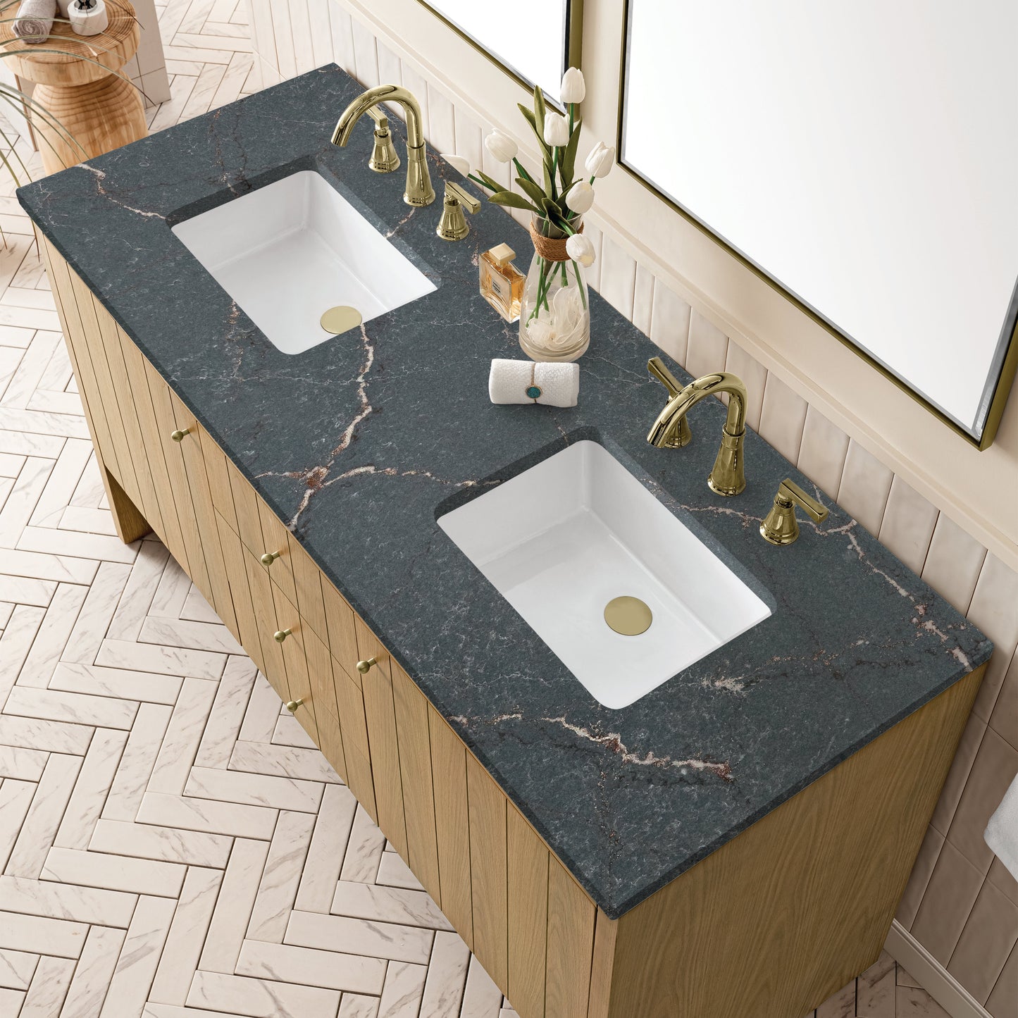 James Martin Vanities Hudson 60" Light Natural Oak Double Vanity With 3 cm Parisien Bleu Top