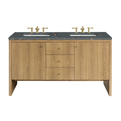 James Martin Vanities Hudson 60" Light Natural Oak Double Vanity With 3 cm Parisien Bleu Top