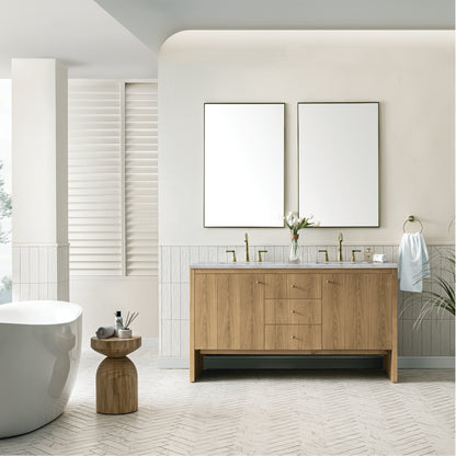 James Martin Vanities Hudson 60" Light Natural Oak Double Vanity With 3 cm Victorian Silver Top and FreePower Wireless Charger