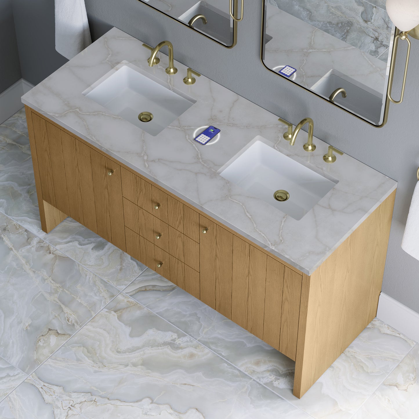 James Martin Vanities Hudson 60" Light Natural Oak Double Vanity With 3 cm Victorian Silver Top and FreePower Wireless Charger