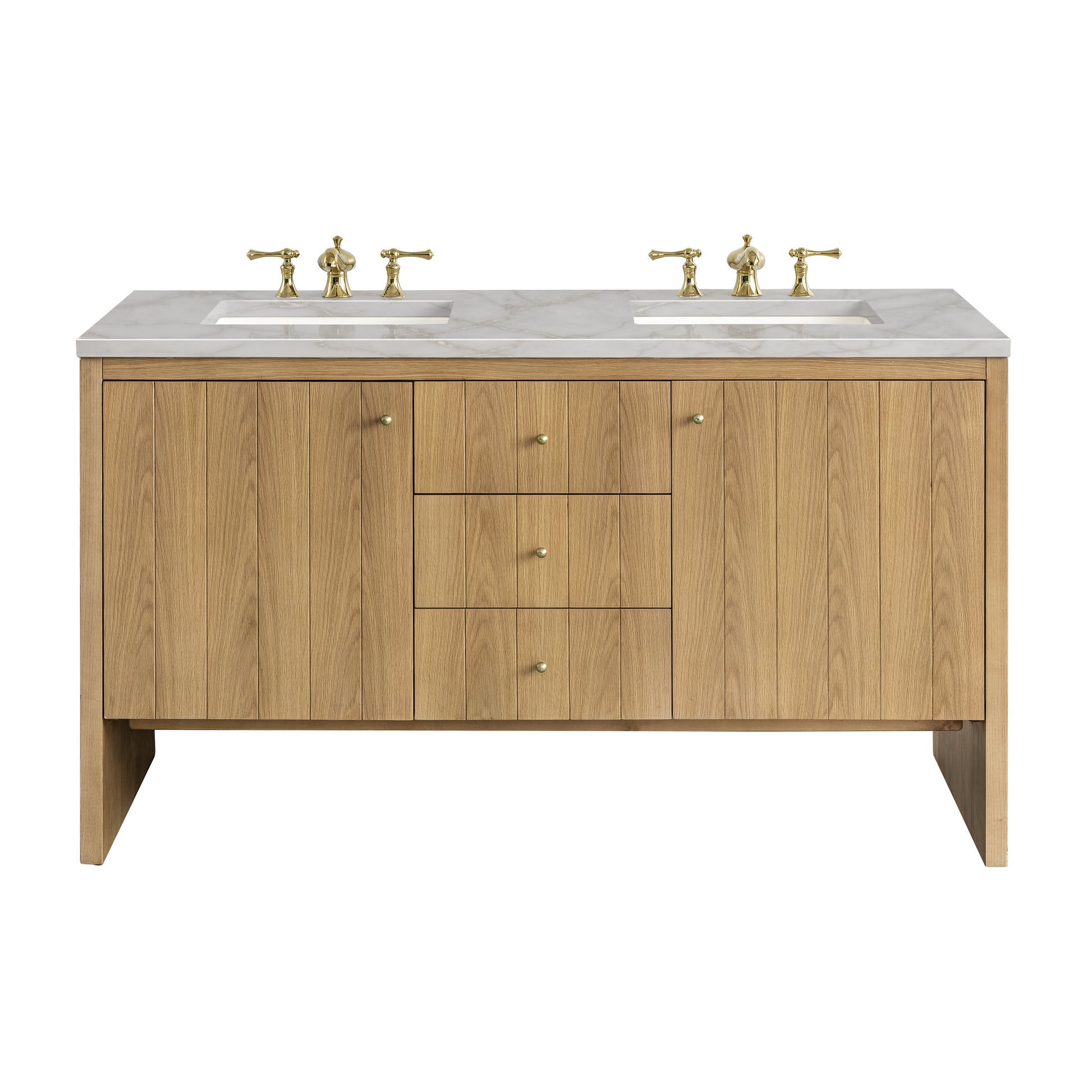 James Martin Vanities Hudson 60" Light Natural Oak Double Vanity With 3 cm Victorian Silver Top and FreePower Wireless Charger