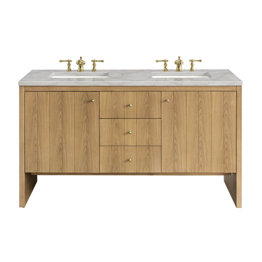 James Martin Vanities Hudson 60" Light Natural Oak Double Vanity With 3 cm Victorian Silver Top and FreePower Wireless Charger