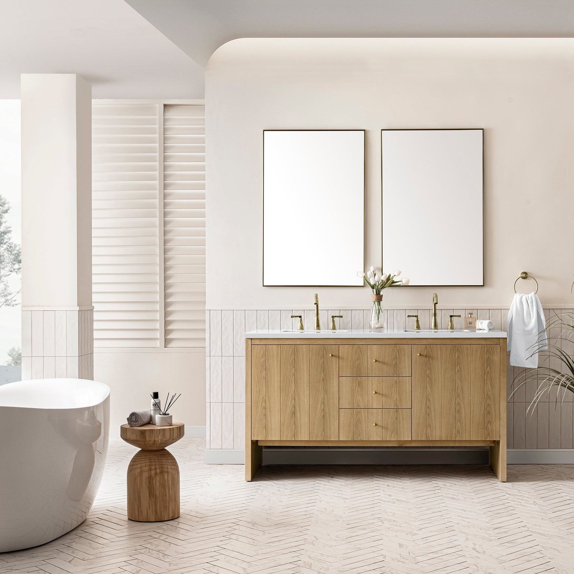 James Martin Vanities Hudson 60" Light Natural Oak Double Vanity With 3 cm White Zeus Top