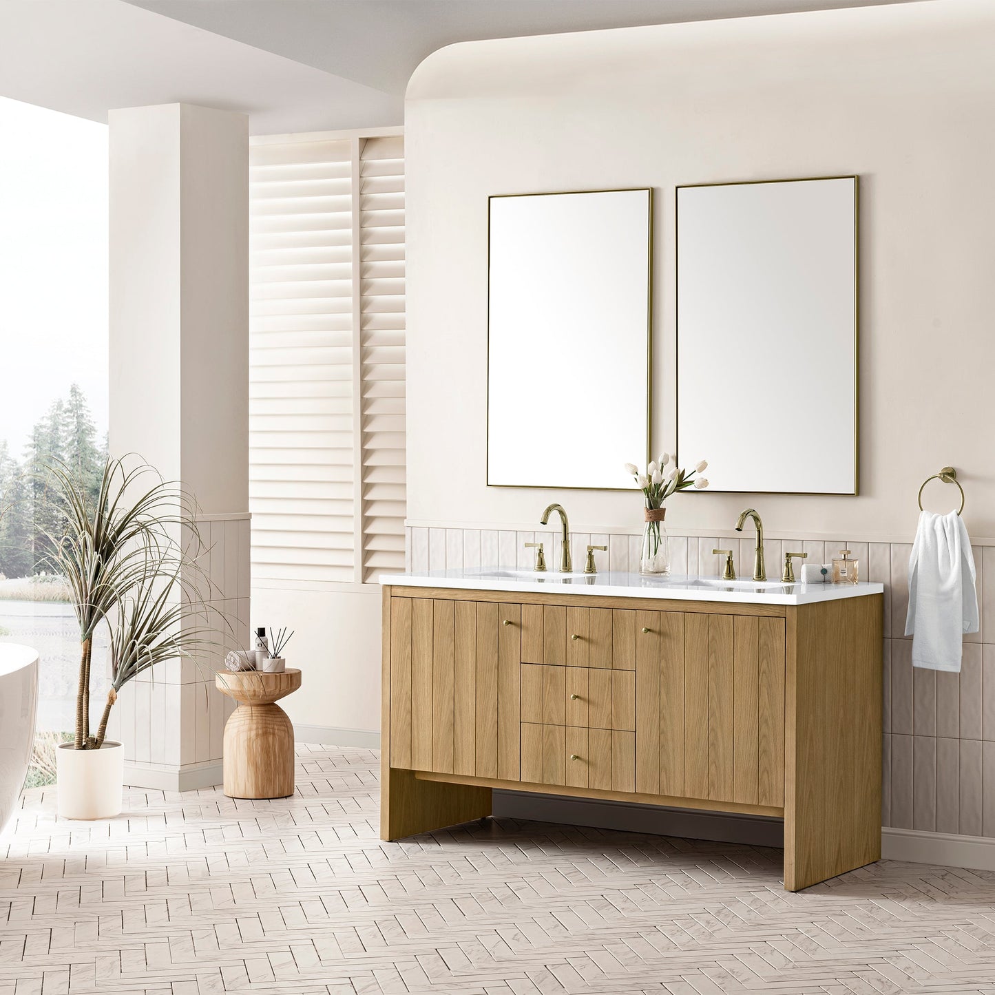 James Martin Vanities Hudson 60" Light Natural Oak Double Vanity With 3 cm White Zeus Top