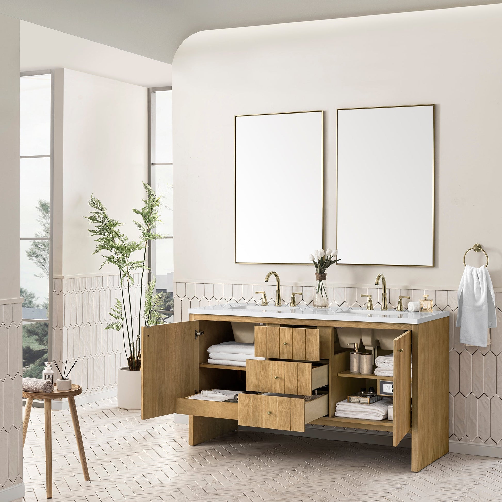 James Martin Vanities Hudson 60" Light Natural Oak Double Vanity With 3 cm White Zeus Top