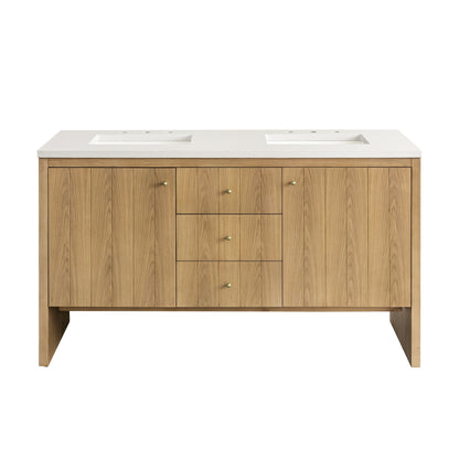 James Martin Vanities Hudson 60" Light Natural Oak Double Vanity With 3 cm White Zeus Top