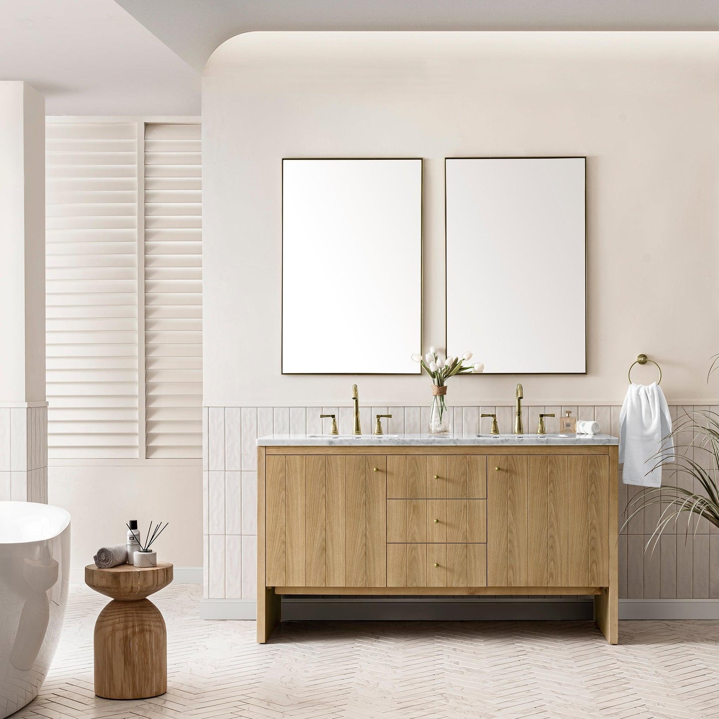 James Martin Vanities Hudson 60" Light Natural Oak Double Vanity With 3cm Arctic Fall Top