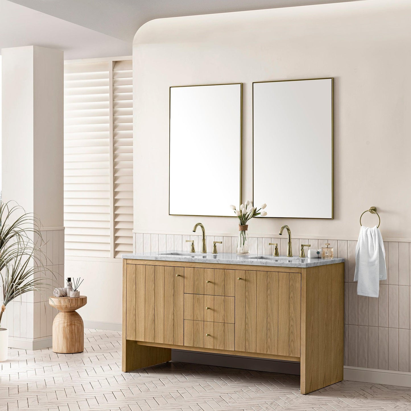 James Martin Vanities Hudson 60" Light Natural Oak Double Vanity With 3cm Arctic Fall Top