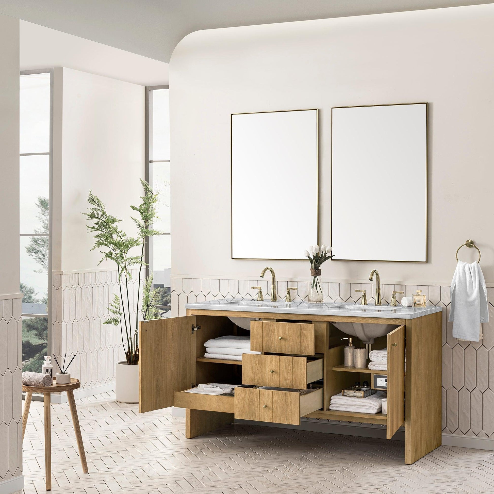 James Martin Vanities Hudson 60" Light Natural Oak Double Vanity With 3cm Arctic Fall Top