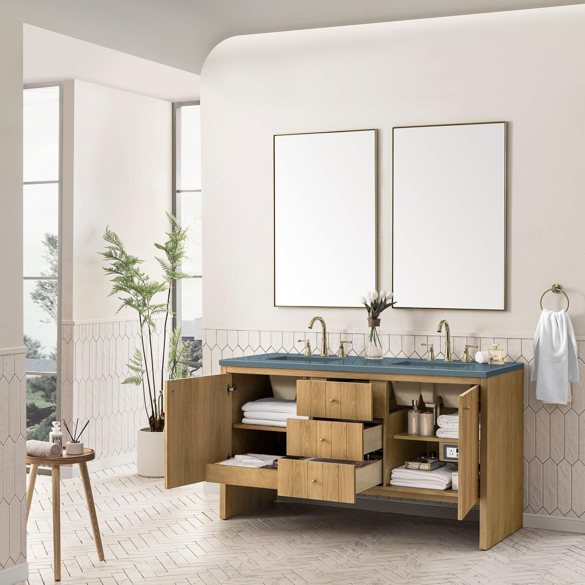 James Martin Vanities Hudson 60" Light Natural Oak Double Vanity With 3cm Cala Blue Top