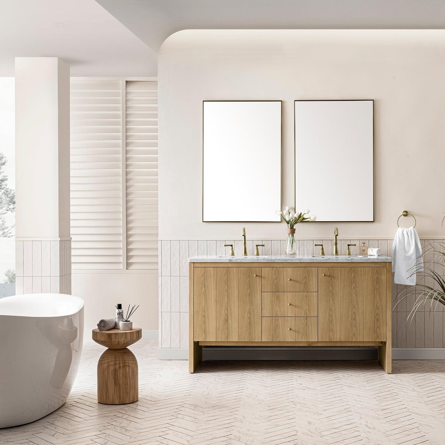 James Martin Vanities Hudson 60" Light Natural Oak Double Vanity With 3cm Carrara Marble Top