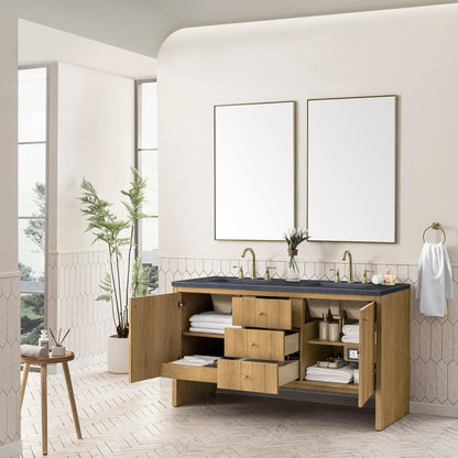 James Martin Vanities Hudson 60" Light Natural Oak Double Vanity With 3cm Charcoal Soapstone Top