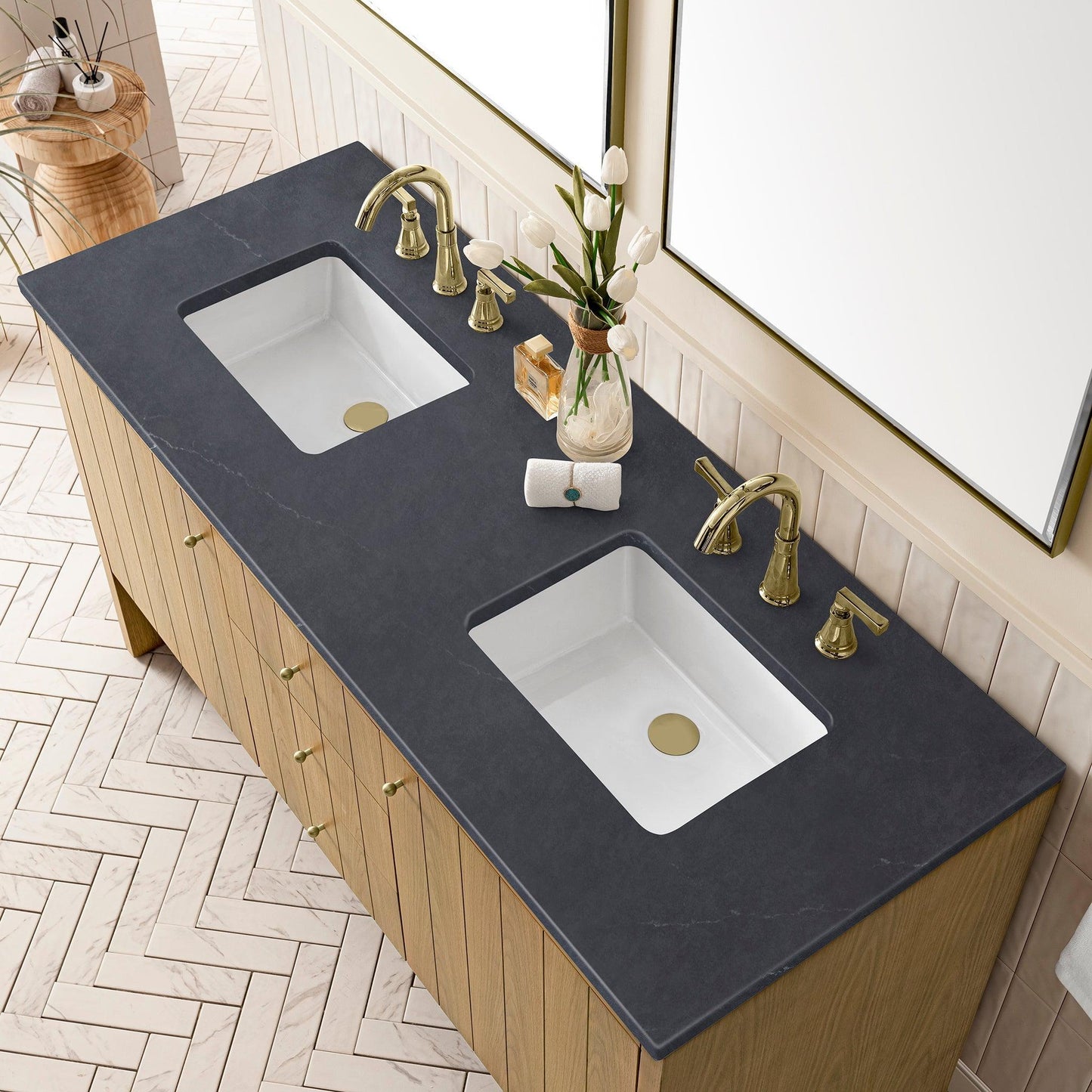 James Martin Vanities Hudson 60" Light Natural Oak Double Vanity With 3cm Charcoal Soapstone Top