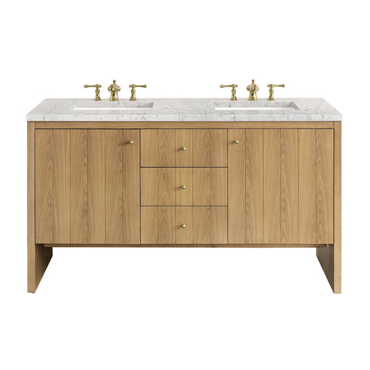 James Martin Vanities Hudson 60" Light Natural Oak Double Vanity With 3cm Eternal Jasmine Pearl Top