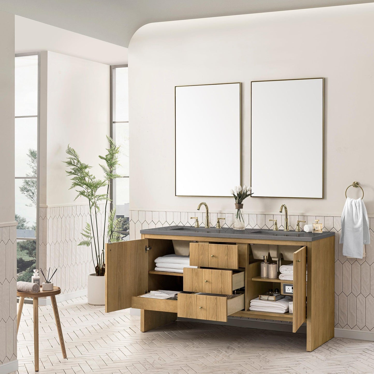 James Martin Vanities Hudson 60" Light Natural Oak Double Vanity With 3cm Grey Expo Top