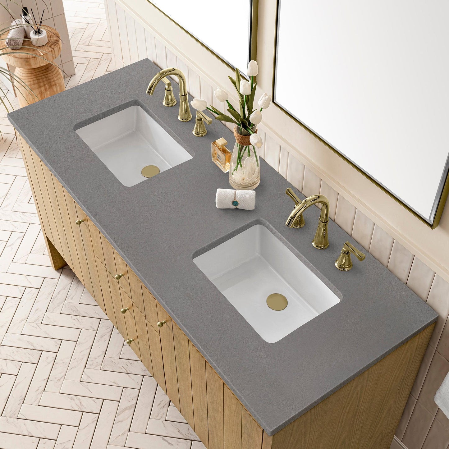 James Martin Vanities Hudson 60" Light Natural Oak Double Vanity With 3cm Grey Expo Top