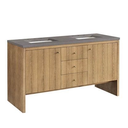 James Martin Vanities Hudson 60" Light Natural Oak Double Vanity With 3cm Grey Expo Top