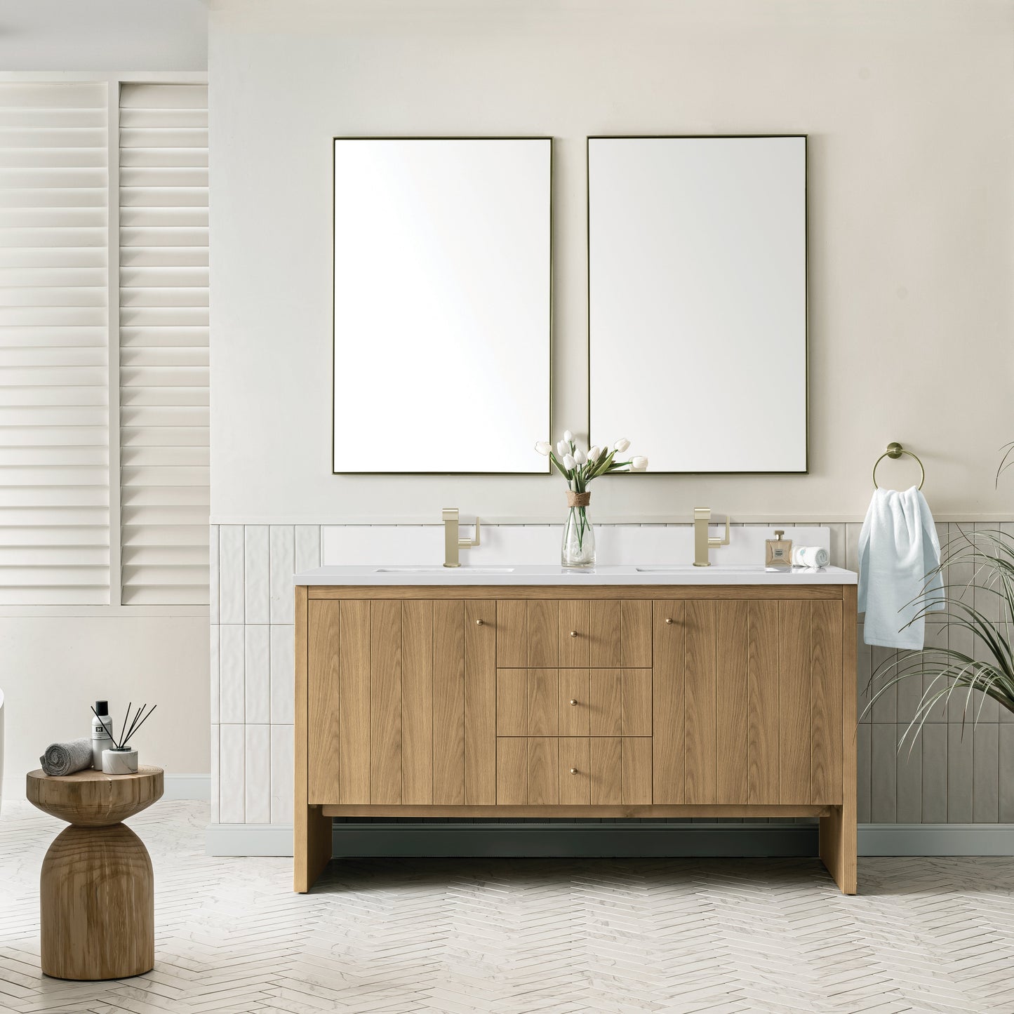 James Martin Vanities Hudson 60" Light Natural Oak Double Vanity With Single Hole 3 cm White Zeus Top & Backsplash