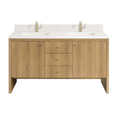 James Martin Vanities Hudson 60" Light Natural Oak Double Vanity With Single Hole 3 cm White Zeus Top & Backsplash