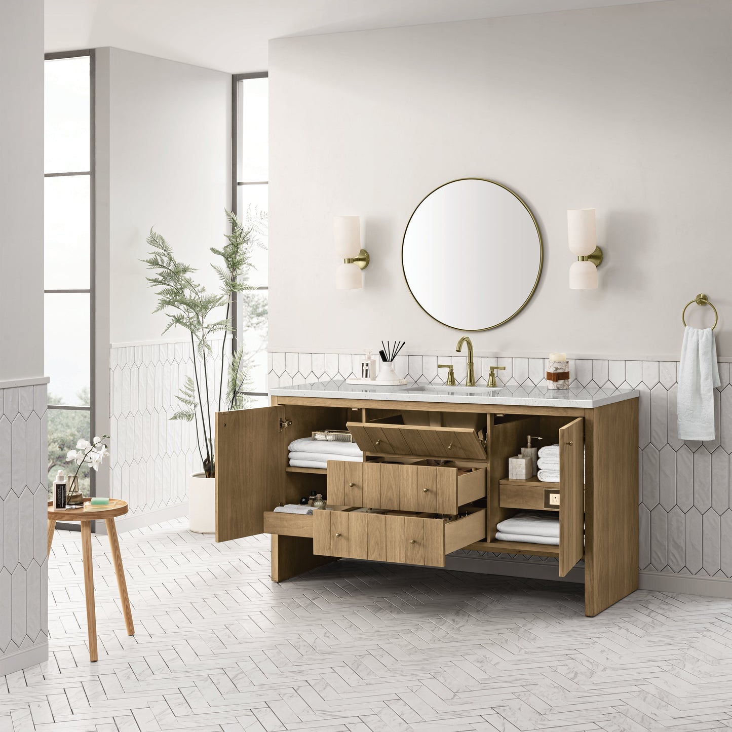 James Martin Vanities Hudson 60" Light Natural Oak Single Vanity With 3 cm Lime Delight Top