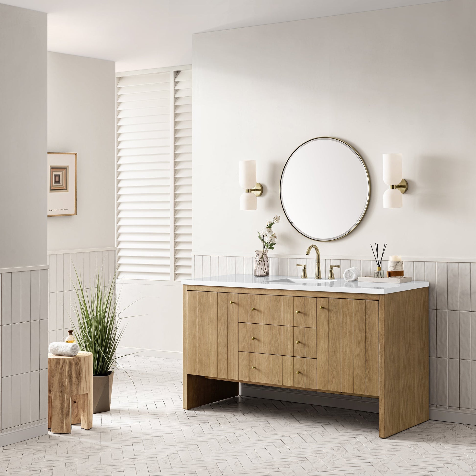 James Martin Vanities Hudson 60" Light Natural Oak Single Vanity With 3 cm White Zeus Top