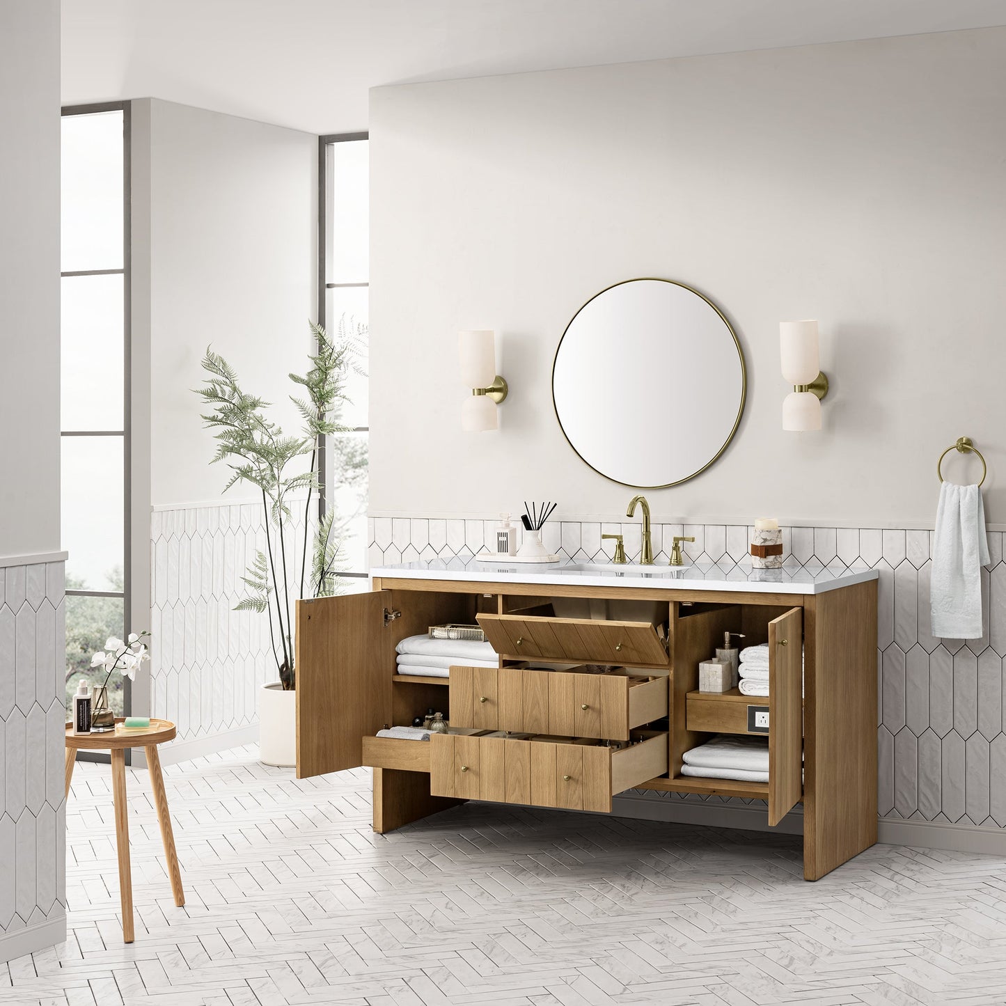 James Martin Vanities Hudson 60" Light Natural Oak Single Vanity With 3 cm White Zeus Top