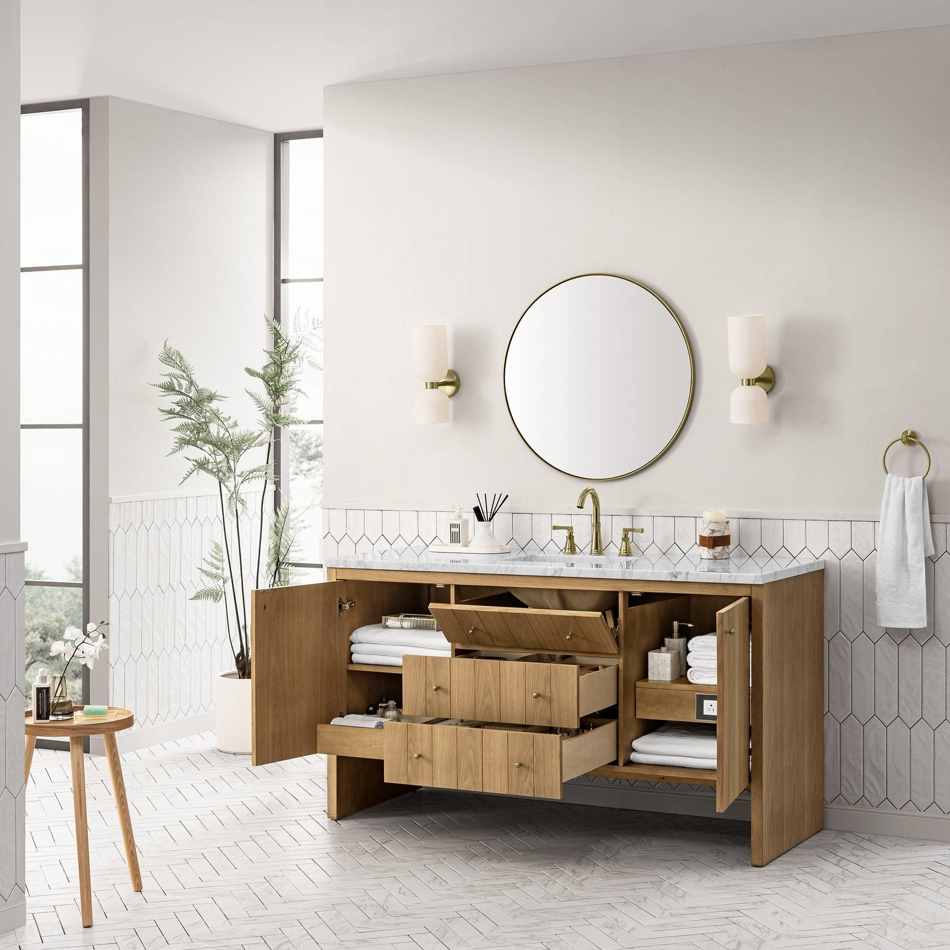 James Martin Vanities Hudson 60" Light Natural Oak Single Vanity With 3cm Arctic Fall Top