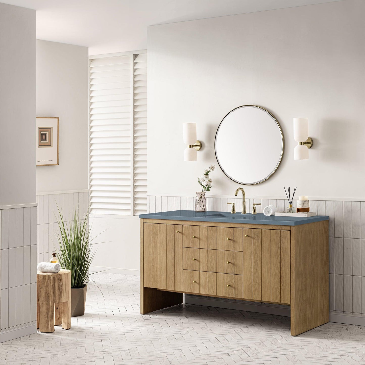 James Martin Vanities Hudson 60" Light Natural Oak Single Vanity With 3cm Cala Blue Top