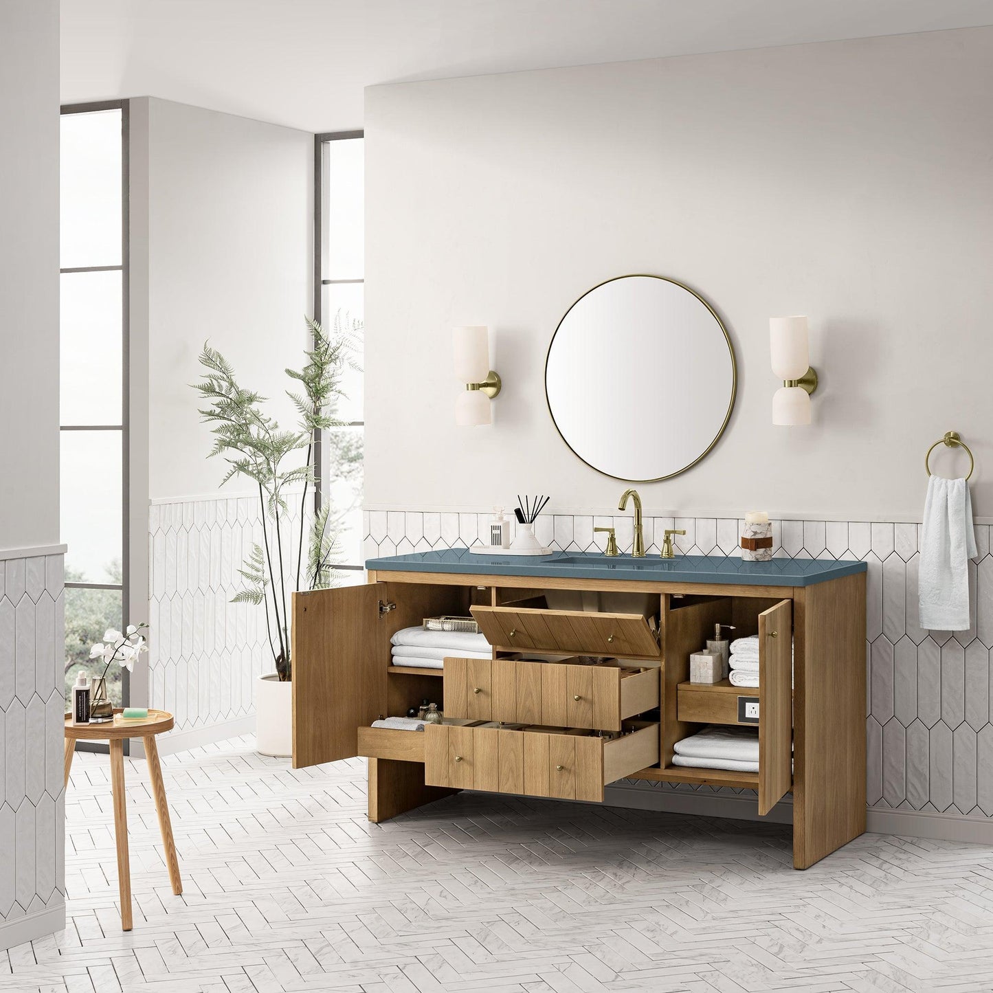 James Martin Vanities Hudson 60" Light Natural Oak Single Vanity With 3cm Cala Blue Top