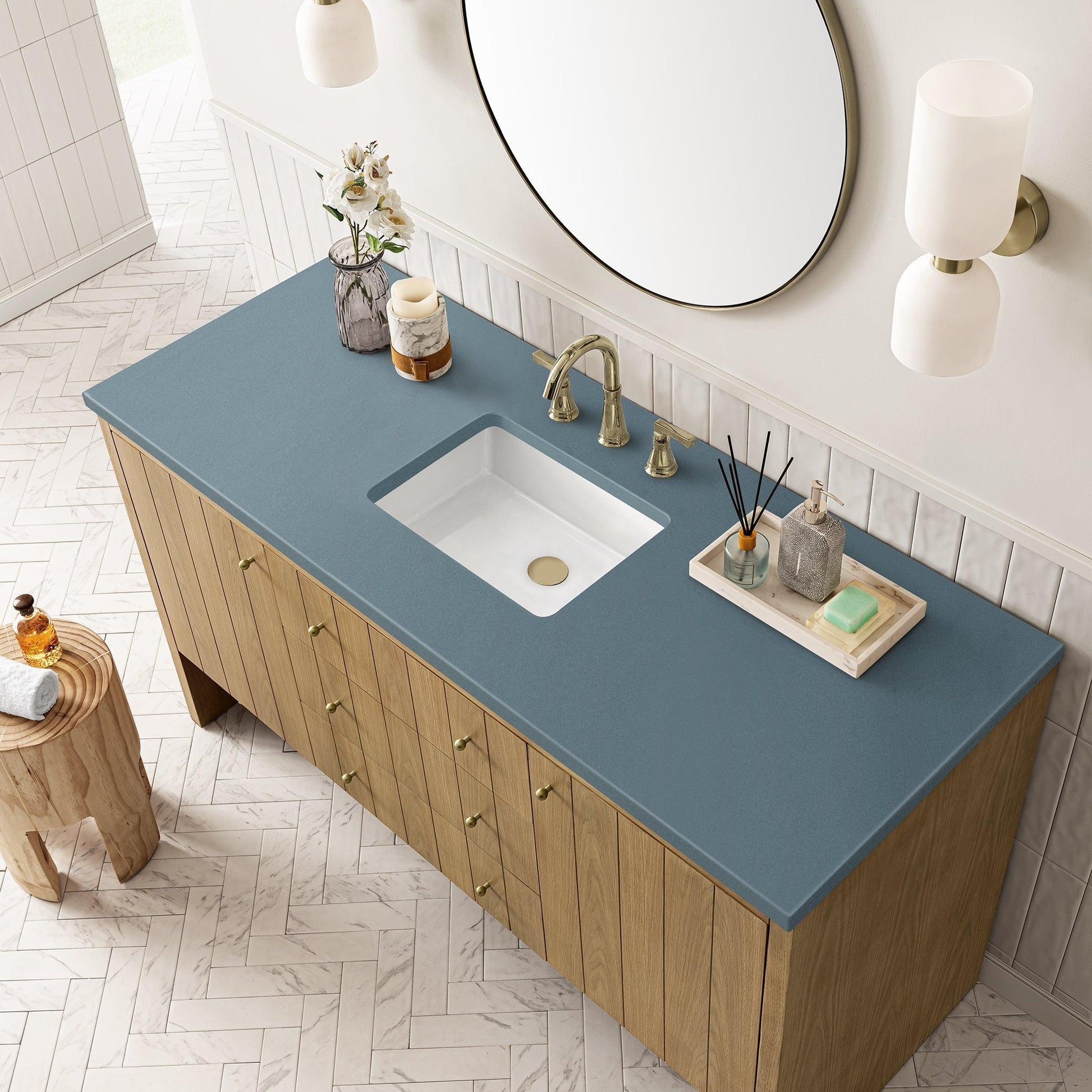 James Martin Vanities Hudson 60" Light Natural Oak Single Vanity With 3cm Cala Blue Top