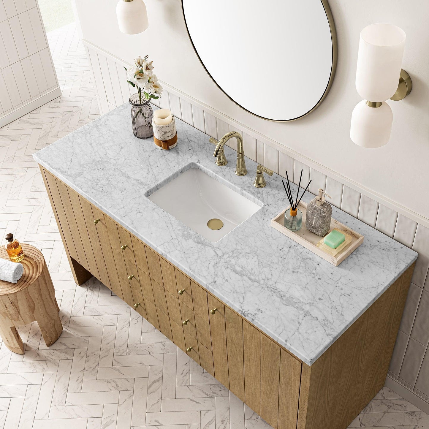 James Martin Vanities Hudson 60" Light Natural Oak Single Vanity With 3cm Carrara Marble Top