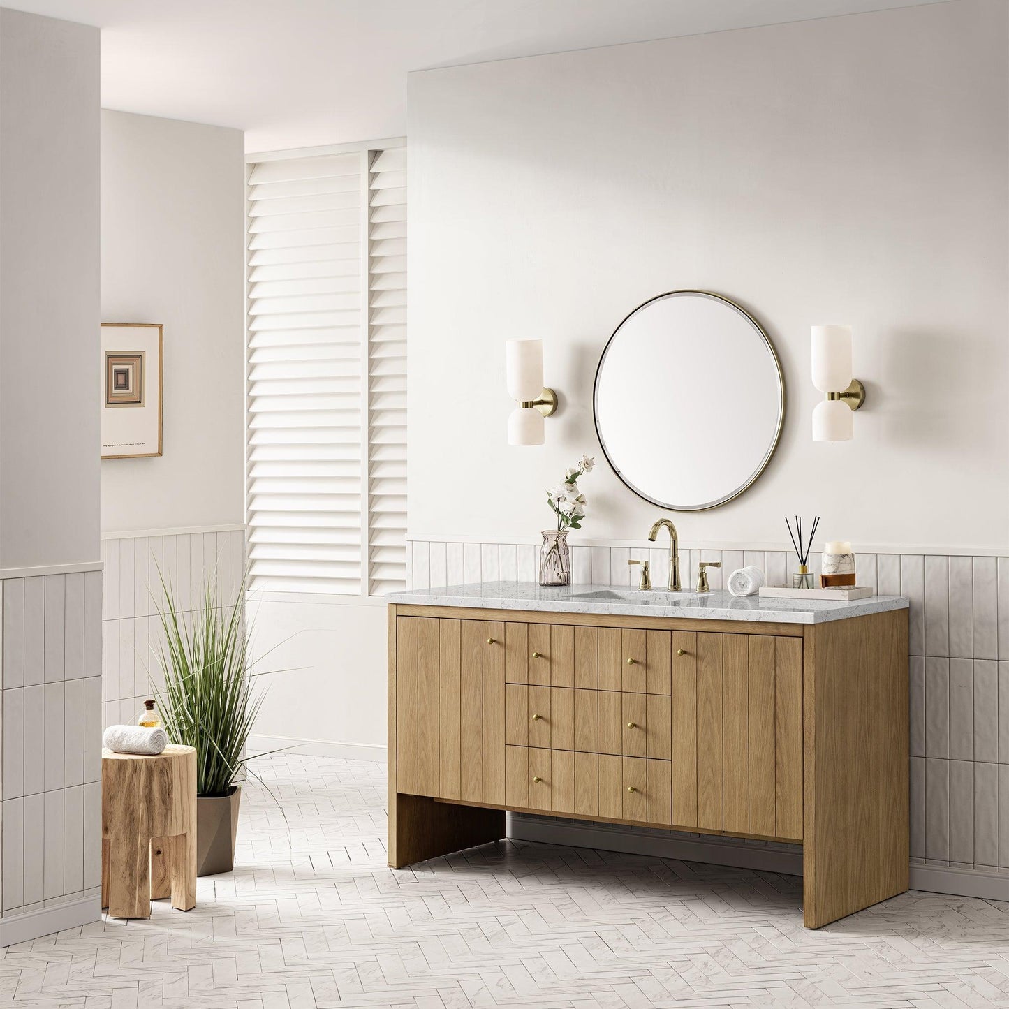 James Martin Vanities Hudson 60" Light Natural Oak Single Vanity With 3cm Eternal Jasmine Pearl Top