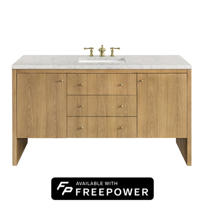 James Martin Vanities Hudson 60" Light Natural Oak Single Vanity With 3cm Eternal Jasmine Pearl Top With FreePower Wireless Charger