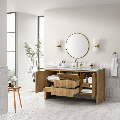 James Martin Vanities Hudson 60" Light Natural Oak Single Vanity With 3cm Eternal Jasmine Pearl Top With FreePower Wireless Charger