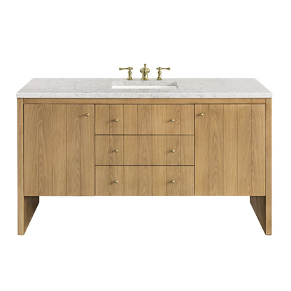 James Martin Vanities Hudson 60" Light Natural Oak Single Vanity With 3cm Eternal Jasmine Pearl Top With FreePower Wireless Charger